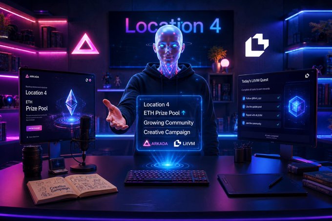 A man in a hoodie gestures toward a glowing holographic display showing 'Location 4', 'ETH Prize Pool', 'Growing Community', and 'Creative Campaign' for ARKADA and LitVM in a neon-lit room with dual monitors.
