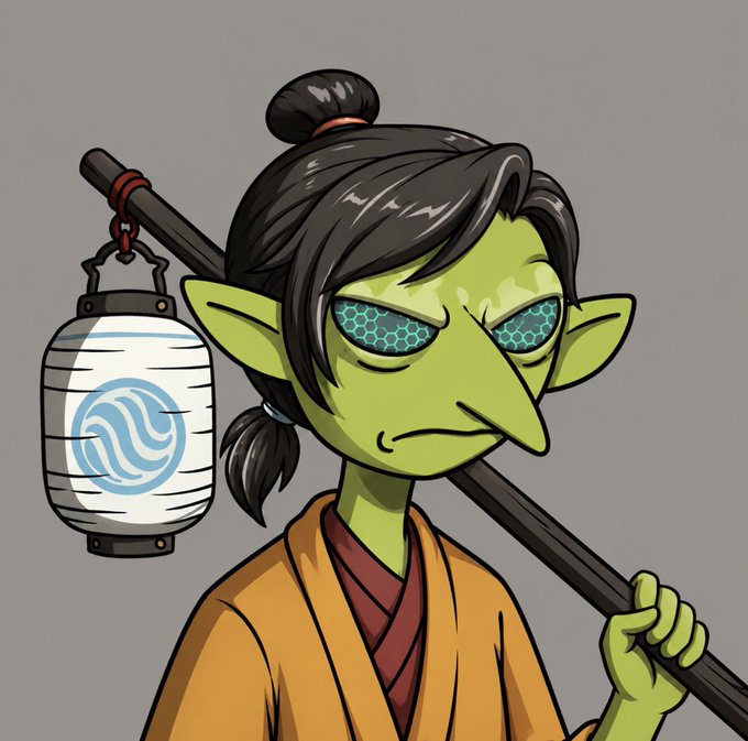A cartoon illustration of a green-skinned goblin-like character with pointed ears, a top knot hairstyle, and hexagon-patterned blue eyes, wearing an orange robe and carrying a paper lantern on a stick over his shoulder.