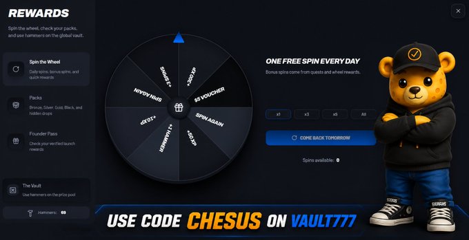 A Vault777 rewards interface featuring a teddy bear mascot, a prize wheel with options like 'Spin Again' and '$5 Voucher', and a promo banner reading 'USE CODE CHESUS ON VAULT777'.