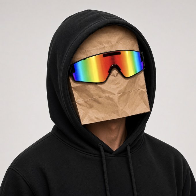 Person wearing a black hoodie with a brown paper bag over their face, featuring reflective rainbow-tinted sunglasses visible through the bag opening.