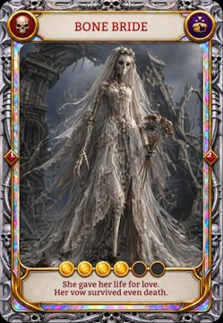A trading card titled 'BONE BRIDE' features a macabre illustration of a skeletal bride in a tattered wedding dress, with text reading 'She gave her life for love. Her vow survived even death.'