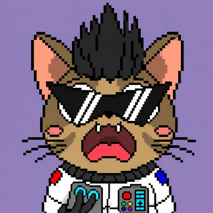 A pixel art illustration shows a brown cat character wearing angular black sunglasses and a white collared outfit, holding a small device against a solid purple background.