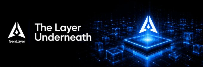 The image is a banner for "GenLayer – The Layer Underneath," featuring the company's triangular logo alongside a glowing blue 3D cube floating above a futuristic cityscape. It illustrates GenLayer as the foundational infrastructure layer that autonomous AI agents rely on for coordination, identity, and resource negotiation—visually reinforcing the post's point that agent-to-agent conflicts (like double-booking) expose a missing tie-breaker in the current agent stack, which GenLayer aims to resolve.
