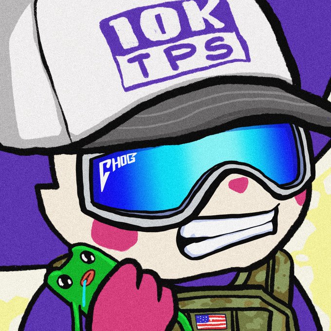 A smiling chibi character wearing a cap that says "10K TPS," blue sunglasses marked "CHOG," and tactical gear with an American flag patch holds a drooling green lizard, embodying the "pamphlet" art style described as drawn by Chog himself to recruit followers.