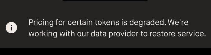 An informational notification displays the text: "Pricing for certain tokens is degraded. We're working with our data provider to restore service." The image relates to the post by showing the Robinhood Wallet notification the user is frustrated about, which prevents them from viewing their portfolio value.