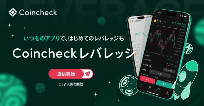 Advertisement for 'Coincheck レバレッジ' (Coincheck Leverage) featuring the Coincheck logo, Japanese text 'いつものアプリで、はじめてのレバレッジも', and 'iOSより順次開放'. Shows smartphone mockups displaying BTC trading interfaces.