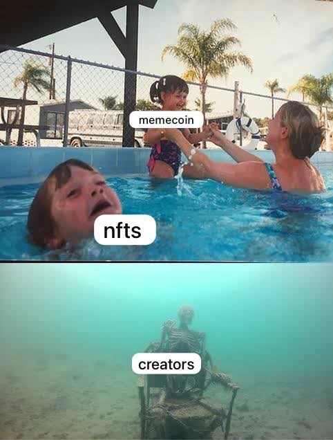 The image is a two-panel meme depicting "memecoin" and "nfts" as children above water happily interacting, while "creators" are shown as a skeleton sitting underwater, illustrating how memecoins and NFTs thrived on the surface while their original creators were left behind. The bottom panel labeled "creators" shows a skeletal figure sitting on a chair at the bottom of the pool, visually reinforcing the post's lament that the creator era is over.