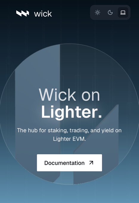 A dark blue website landing page for "Wick" featuring the headline "Wick on Lighter" with the tagline "The hub for staking, trading, and yield on Lighter EVM" and a "Documentation" button, showcasing the project's sleek branding and connection to the Lighter EVM ecosystem.