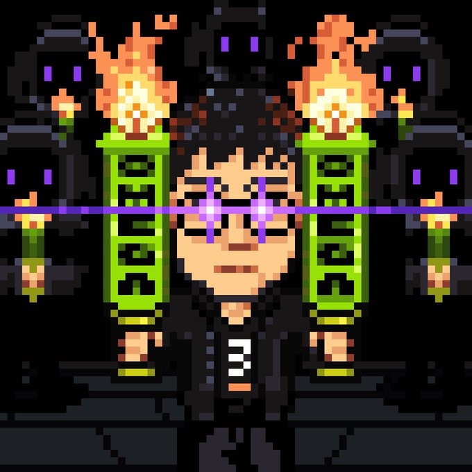 A pixel art image depicting a character with glowing purple eyes holding two green objects labeled 'REAPER' with flames on top, set against a dark background with purple glowing accents.