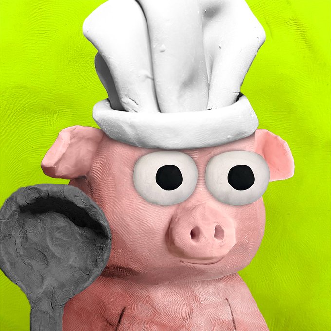A claymation-style pink pig wearing a white chef's hat holds a gray spatula against a bright green background.