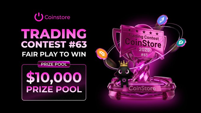 The image shows a poster for a contest that takes place at CoinStore during May, June or July of any year. The main focus is on an event called the "Trading Contest" within the "Trade Contest #63". Participants can enter and win prizes worth up to $10,000 US dollars. Additionally, there is a prize pool available for new users who want to join the contest by providing their wallet information during the registration period of May, June or July of any year. The poster includes the details about the contest, its location (CoinStore), and the prizes offered, encouraging people to participate in this exciting opportunity.