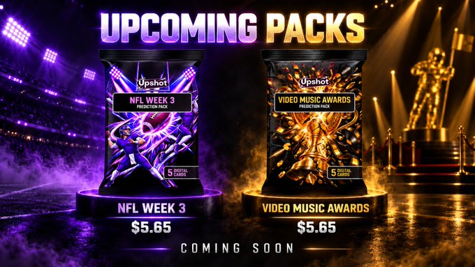 An advertisement for 'UPCOMING PACKS' from Upshot displays two prediction pack designs: 'NFL WEEK 3' and 'VIDEO MUSIC AWARDS,' each priced at $5.65 and labeled 'COMING SOON'.