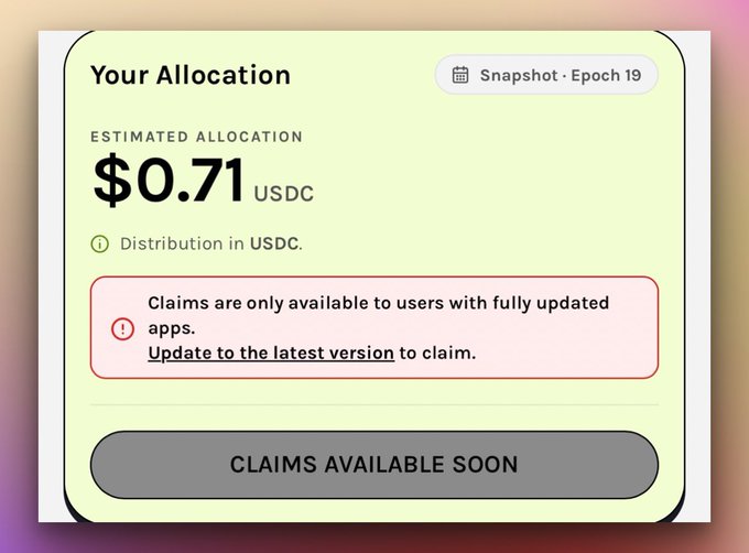 A Grass Season 2 airdrop allocation dashboard showing an estimated $0.71 USDC reward for Epoch 19, with claims unavailable and a message instructing users to update to the latest version—aligning with the poster's disappointment over the minimal payout.