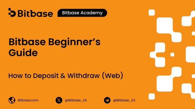 An orange promotional graphic for 'Bitbase Academy' titled 'Bitbase Beginner's Guide' with the subtitle 'How to Deposit & Withdraw (Web),' featuring social media handles @Bitbase_EX.