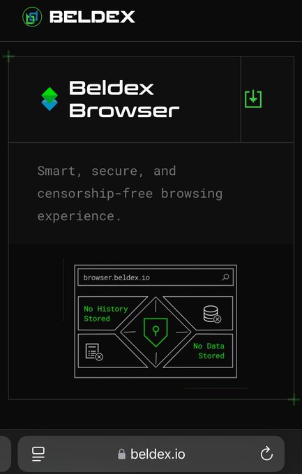 A dark-themed promotional screen for 'Beldex Browser' highlighting it as a 'Smart, secure, and censorship-free browsing experience' with a URL bar showing 'browser.beldex.io' and 'No History Stored' and 'No Data Stored' features.