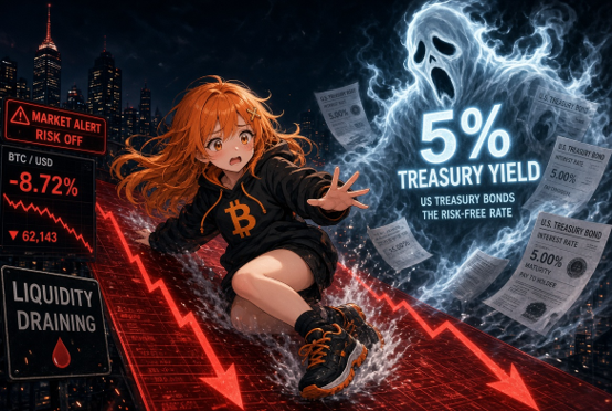 An anime-style illustration shows a girl in Bitcoin-themed clothing running from a ghost representing 5% treasury yield amid a market crash with BTC/USD down 8.72% and a 'LIQUIDITY DRAINING' warning.