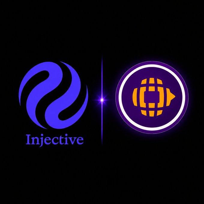The Injective logo (blue) and another cryptocurrency logo (purple and orange) are displayed side by side on a black background.