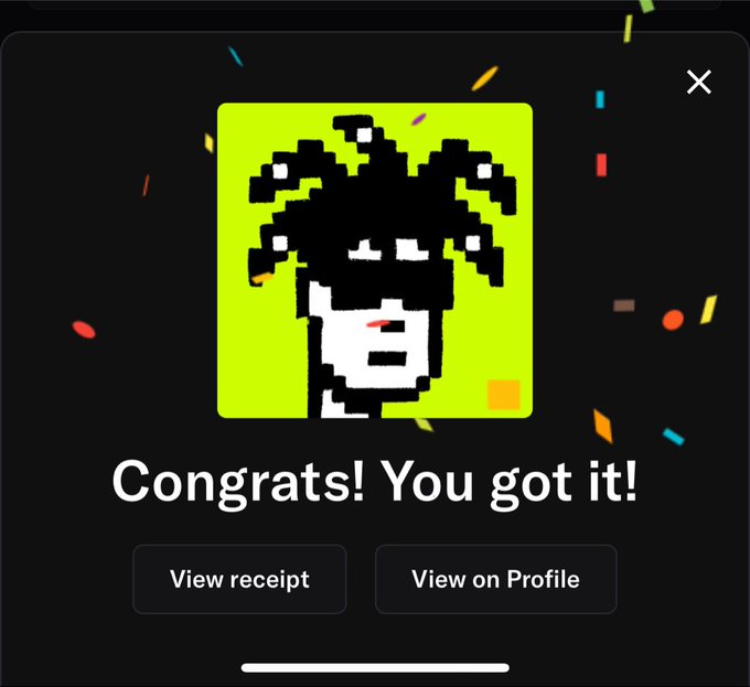 A mobile pop-up celebrating a successful NFT mint displays a pixel-art avatar of a black character with dreadlocks on a bright green background, with the text "Congrats! You got it!" and buttons for "View receipt" and "View on Profile." The image relates to the post by showing the newly acquired digital collectible that the user minted for free as a holder, which they note is now valued at over $6.