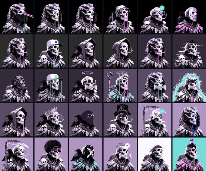 A grid of pixel art NFT-style character variants depicting hooded skull reapers with various accessories including hats, halos, scythes, ravens, crowns, and different color palettes like purple, teal, and black.