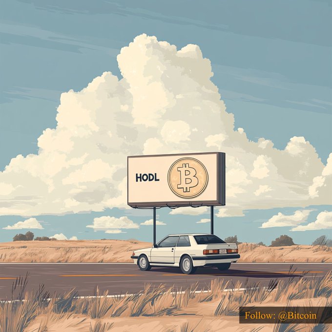 A white car drives down an open highway past a billboard displaying "HODL" alongside the Bitcoin "₿" symbol, with a dramatic cumulus cloud rising behind it. The scene visually reinforces the post's $64,083.76 #Bitcoin price by symbolizing the steadfast, long-term conviction of Bitcoin holders journeying forward.