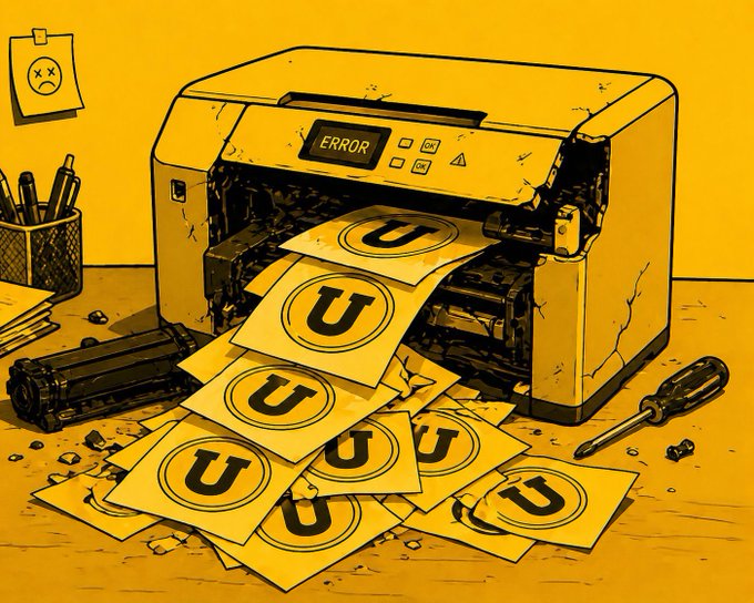 The image features a printer with an error message displayed on its screen, along with a pile of papers that include several U-shaped stickers. The text "Whoever is defending 767 right now" can be seen in the image as well. This suggests that someone might be trying to defend their position or claim by referencing the U-shaped stickers and printer error message.