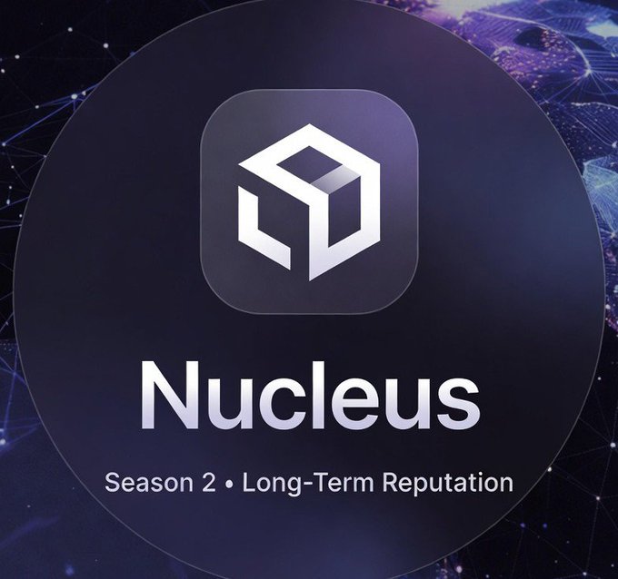 Promotional graphic for 'Nucleus Season 2 • Long-Term Reputation' featuring a white cube logo on a dark purple background with abstract network patterns.