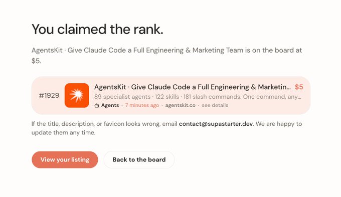 A confirmation screen displays 'You claimed the rank.' for a product named 'AgentsKit - Give Claude Code a Full Engineering & Marketing Team' priced at $5.