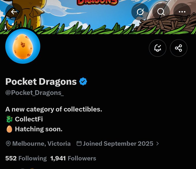 The image shows a Twitter/X profile for "Pocket Dragons" (@Pocket_Dragons_) with a verified checkmark, featuring an orange dragon egg as the profile picture against a fantasy-themed banner with dragons and grass. The profile describes itself as "A new category of collectibles" tagged as #CollectFi and "Hatching soon," based in Melbourne, Victoria, with 552 Following and 1,941 Followers since joining in September 2025.