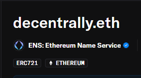 A dark interface displaying the ENS (Ethereum Name Service) domain 'decentrally.eth' with ERC721 and Ethereum tags.