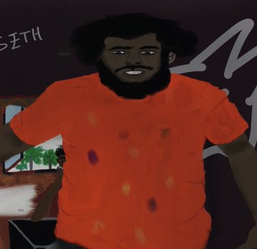 A low-quality digital drawing or animation of a bearded man with an afro wearing a red shirt with dark spots, set against a purple background with graffiti-style lettering.