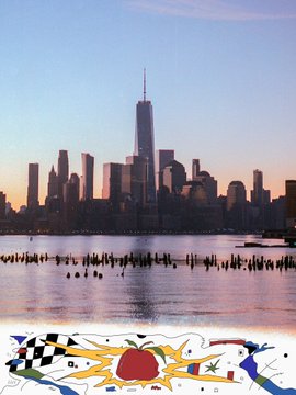 A photograph of the New York City skyline across the water at dusk, with old wooden pilings in the foreground and a colorful banner at the bottom featuring an apple, checkered flag, and dove.