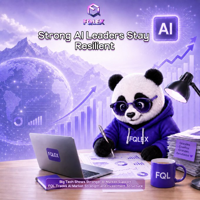 A panda mascot wearing sunglasses and an "FQLEX" hoodie works at a laptop amid purple-hued charts and an "AI" icon, with the headline "Strong AI Leaders Stay Resilient" and captions noting "Big Tech Shows Stronger AI Market Support" and "FQL Tracks AI Market Strength and Investment Structure." The image visually reinforces the post's message about AI market resilience and FQL Exchange's role in tracking AI investment opportunities.