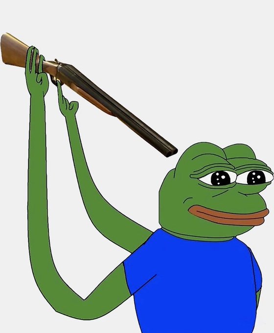 urn of gun held by frog character, with a sad expression and green skin tone.