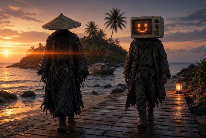 A surreal, dark digital artwork showing two hooded figures walking along a wooden dock at sunset; one wears a conical straw hat and the other has a vintage television for a head displaying a smiley face.