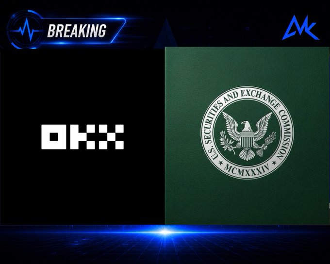 A breaking news banner features the OKX logo on the left and the U.S. Securities and Exchange Commission (SEC) seal on the right.