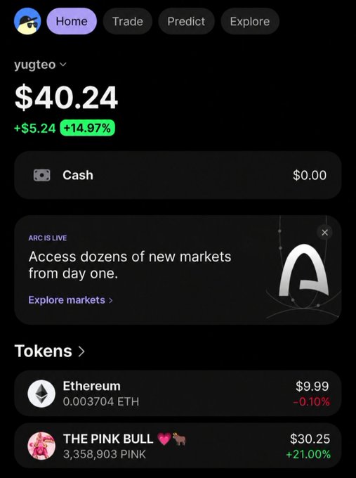 A mobile trading app screenshot showing the "yugteo" portfolio with a $40.24 balance (+14.97%), $0.00 cash, and holdings in Ethereum ($9.99) and THE PINK BULL ($30.25, +21.00% gain on 3,358,903 PINK tokens), illustrating the post's celebration of organic memecoin community growth around $PINK.