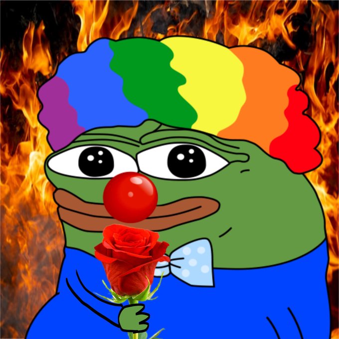 A Pepe-style green cartoon frog with rainbow hair, a red clown nose, and a blue polka-dot bowtie holds a red rose against a fiery flame backdrop.