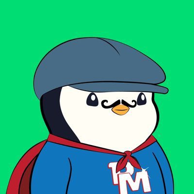 A cartoon penguin mascot wearing a blue newsboy cap and a red bandana over a blue shirt with the letters 'TM' stands against a bright green background.