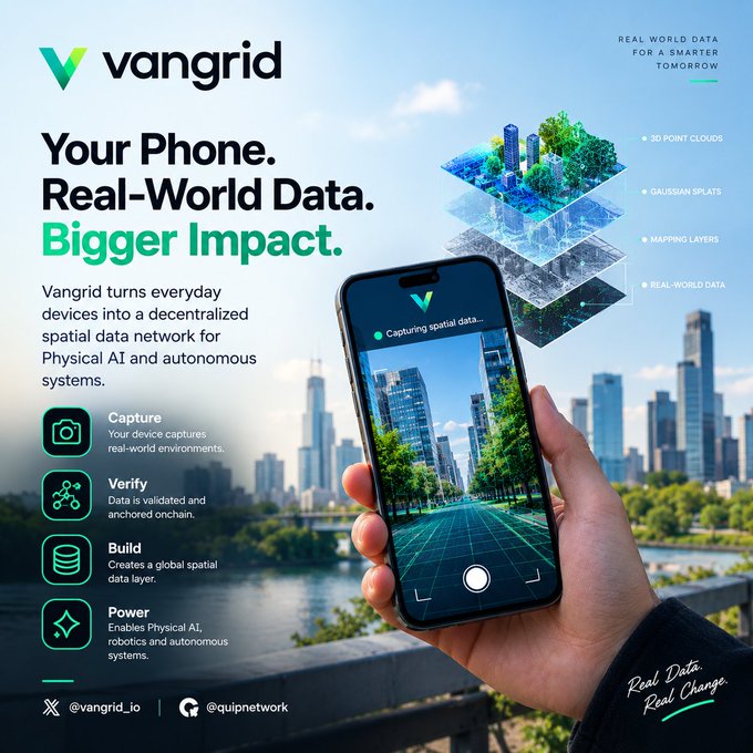 An advertisement for 'Vangrid' with the tagline 'Your Phone. Real-World Data. Bigger Impact.', showing a hand capturing spatial data of a city skyline with a smartphone.