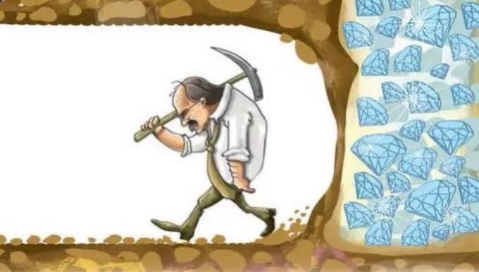A tired miner with a pickaxe trudges through a mine, passing by a wall of sparkling blue diamonds—representing someone who missed out on valuable "cat coins" and is left with only ordinary gems instead of the real treasure.