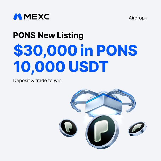 This image announces MEXC's PONS New Listing with a chance to share $30,000 in PONS and 10,000 USDT, encouraging users to deposit and trade to win. The graphic features the MEXC logo and stylized "P" symbols representing PONS.