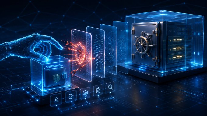 A digital artwork depicting a glowing blue wireframe hand interacting with holographic security panels, a digital wallet, and a high-tech vault with a combination lock.