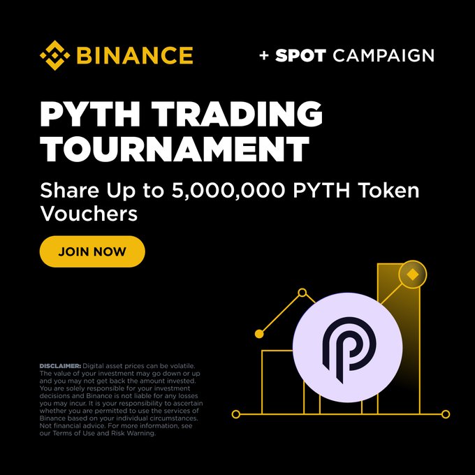 A Binance promotional banner advertising a 'PYTH TRADING TOURNAMENT' spot campaign offering up to 5,000,000 PYTH token vouchers, with a yellow 'JOIN NOW' button.