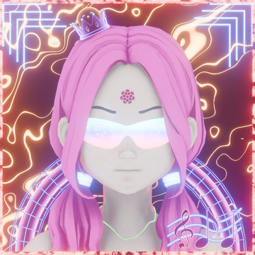 A 3D-rendered figure with pink hair, a small crown, futuristic visor, and forehead emblem floats against a vibrant neon background of circuitry and flame-like patterns, visually capturing the "Neon Souls" crypto art theme. The post promotes the project as a unique, low-floating-piece collection with an eccentric cat-founding narrative, and the stylized cyber-aesthetic image reinforces its bold, underground vibe.