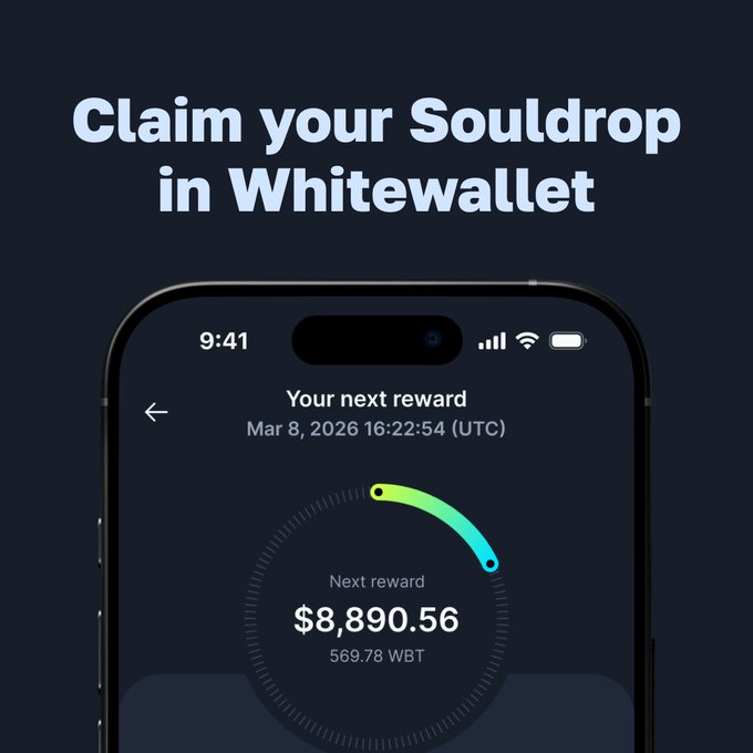 A promotional screen showing 'Claim your Souldrop in Whitewallet' with a phone displaying a reward of $8,890.56 (569.78 WBT) scheduled for Mar 8, 2026.