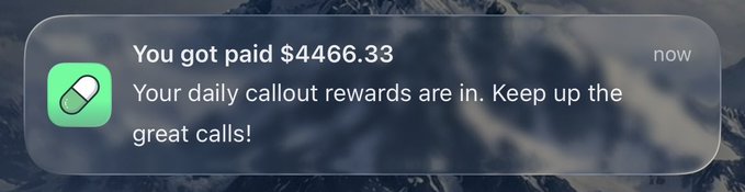 A mobile notification from Pumpfun displays: "You got paid $4466.33 - Your daily callout rewards are in. Keep up the great calls!" This aligns with the post celebrating how making fewer, higher-quality callouts resulted in greater daily rewards of $4,466.33 compared to yesterday's lower payout from more frequent but less impactful calls.