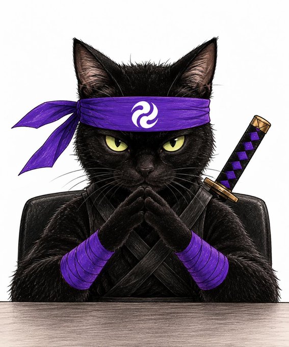 An illustration of a black cat dressed as a ninja with a purple headband featuring a logo, purple wrist wraps, and a katana sword, sitting with paws clasped together.