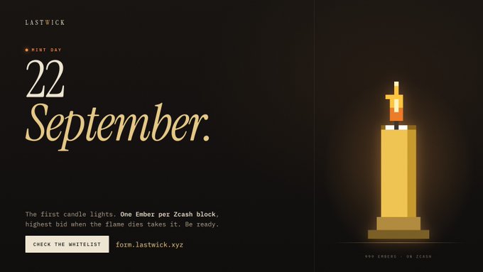 A dark promotional graphic for 'LASTWICK' featuring a lit candle on a pedestal, with text announcing 'MINT DAY 22 September' and 'CHECK THE WHITELIST' at form.lastwick.xyz.