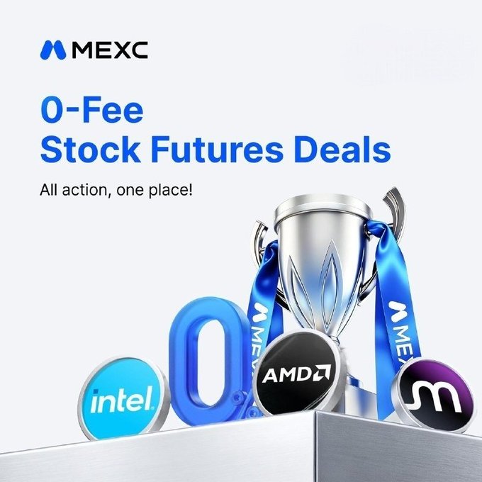 The image features a trophy, which has the words "MEXC" written on it. The trophy is placed next to a silver box with blue ribbons on top of it. Below the trophy, there are four medals displayed - one for each of the companies listed in the image: Intel, MEXC, and AMD7. These medals represent real stock futures deals that have been executed by these companies. The text "0-fee Stock Futures Deals" is written above the medals, indicating that all action taken to execute these deals was done without any charge or fee.