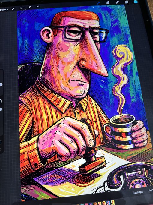 A vibrant, stylized digital artwork displayed on a tablet screen depicting a man with a large nose wearing glasses and a red cap, holding a mug of coffee with steam rising from it.